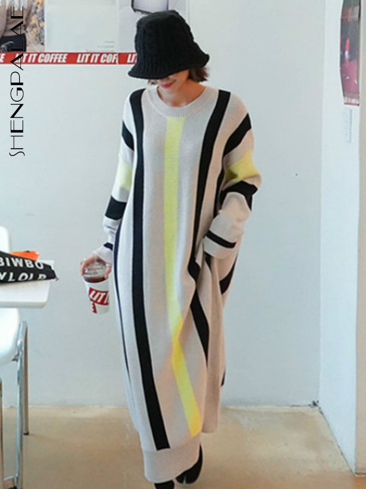 SHENGPAIAE 2023 Autumn New Large Size Long Sweater Dress Women Robe Loose Striped Knitted Sweater Casual Knit Dresses 5W910